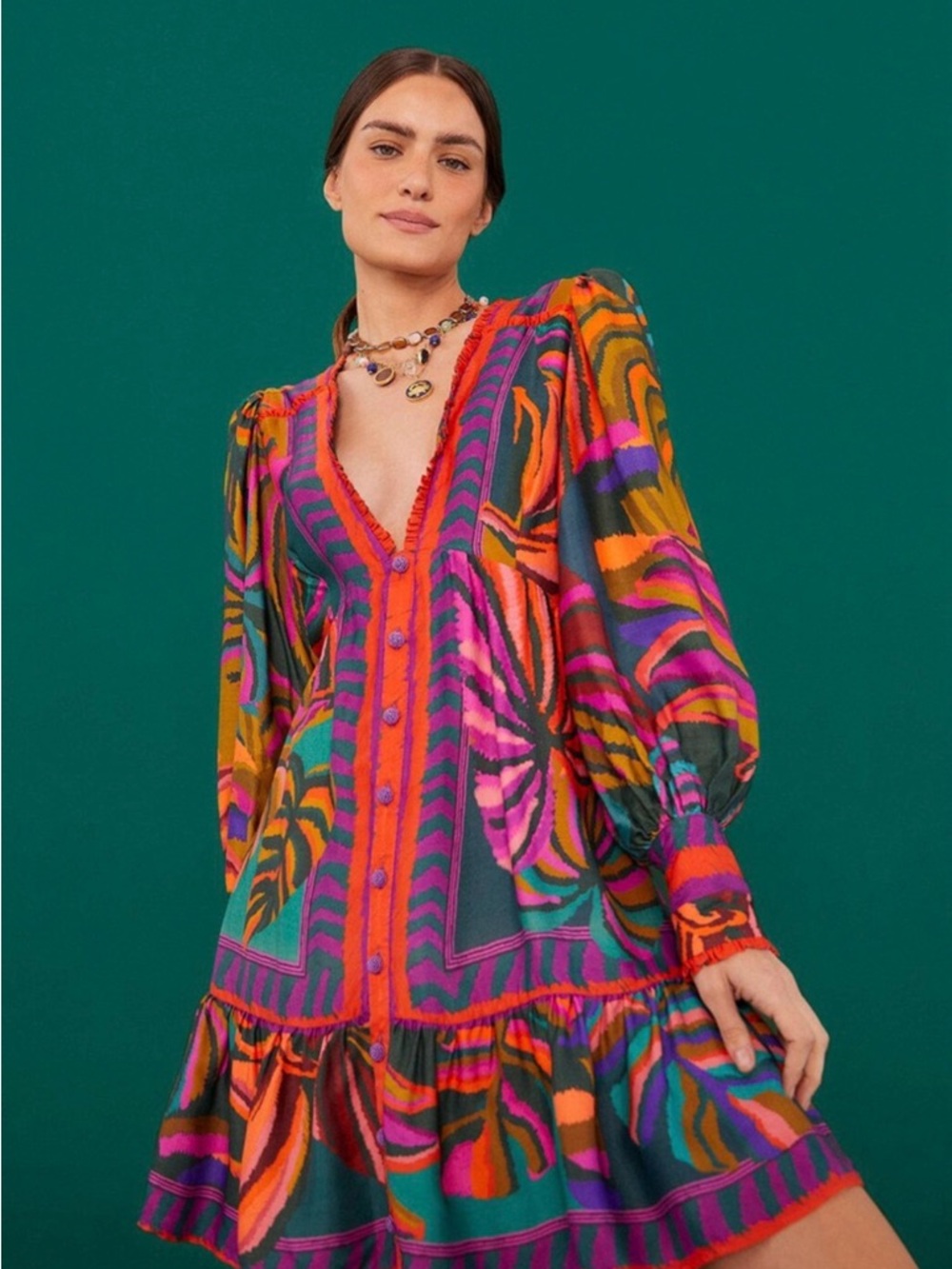 FARM Rio Multicolor V-Neck Mini Dress with Pink, Orange, Green and Purple Print